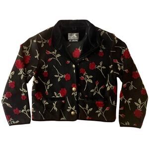 Vtg Tsunami Rose Print Fleece Jacket Black‎ Floral Button Cropped Coat M Canada